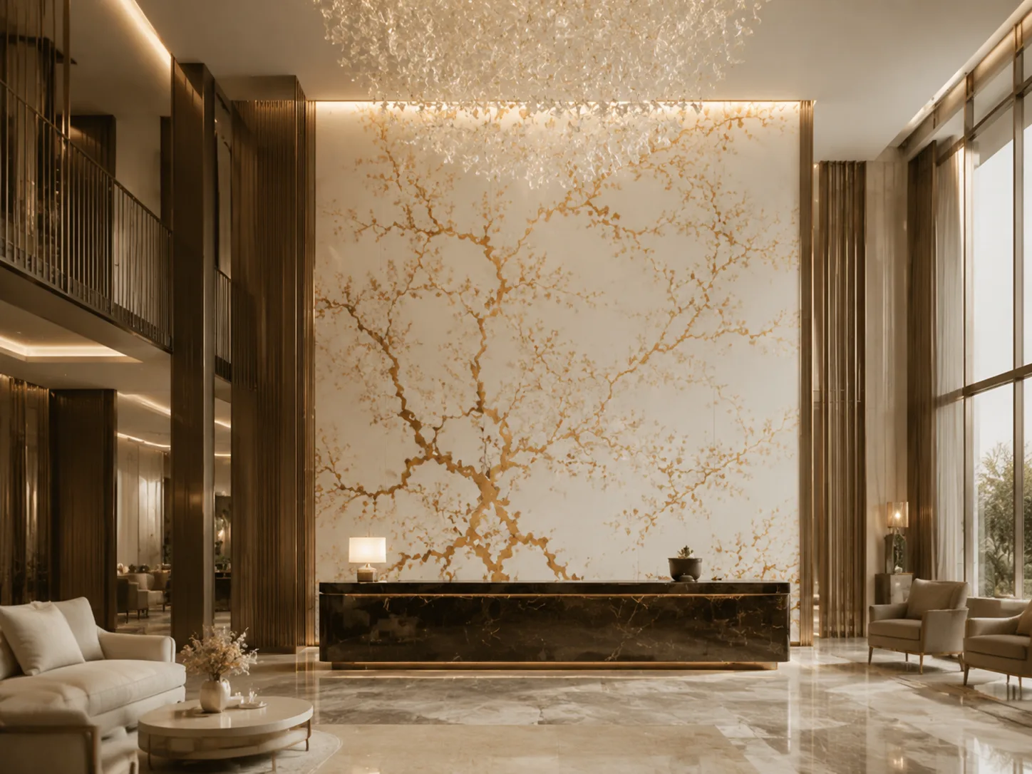 Custom wallpaper feature wall for five-star hotel lobby