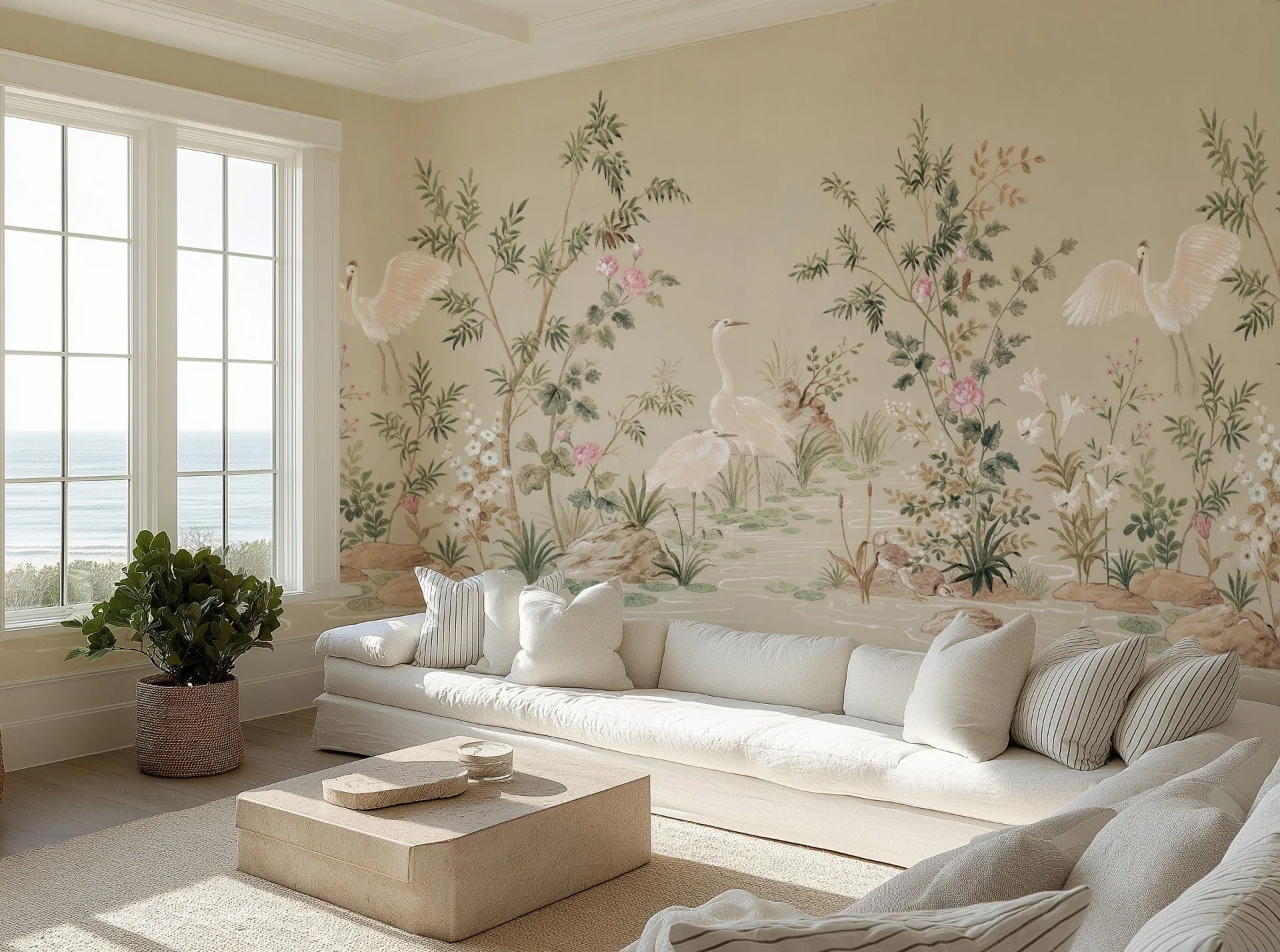 Eastern Serene Floral & Avian Lake View Hand-Painted Artistic Mural Wallpaper