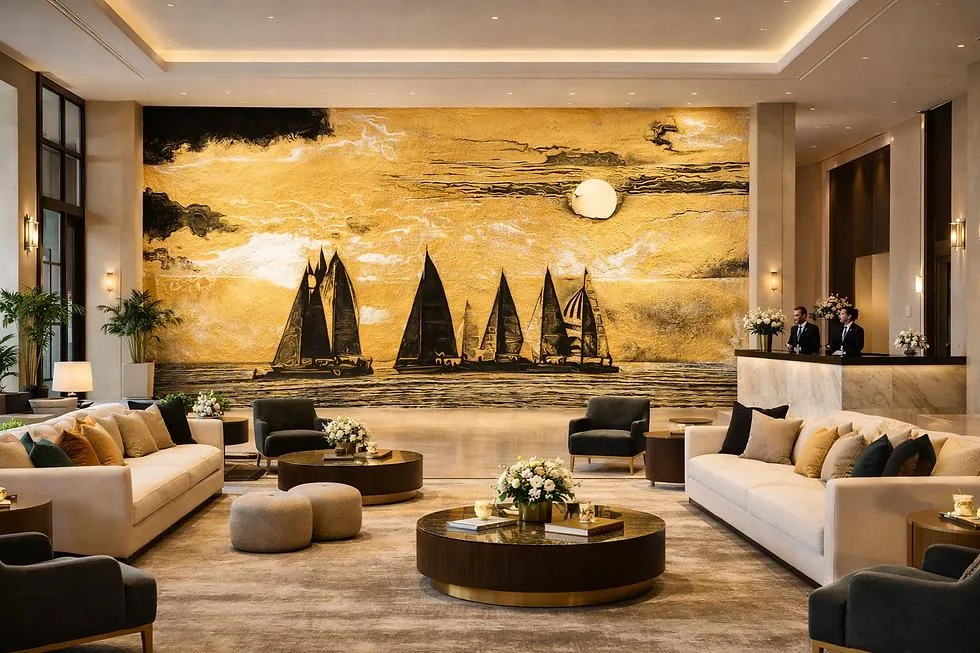 Golden Sea Landscape Sailboat Art Mural Wallpaper