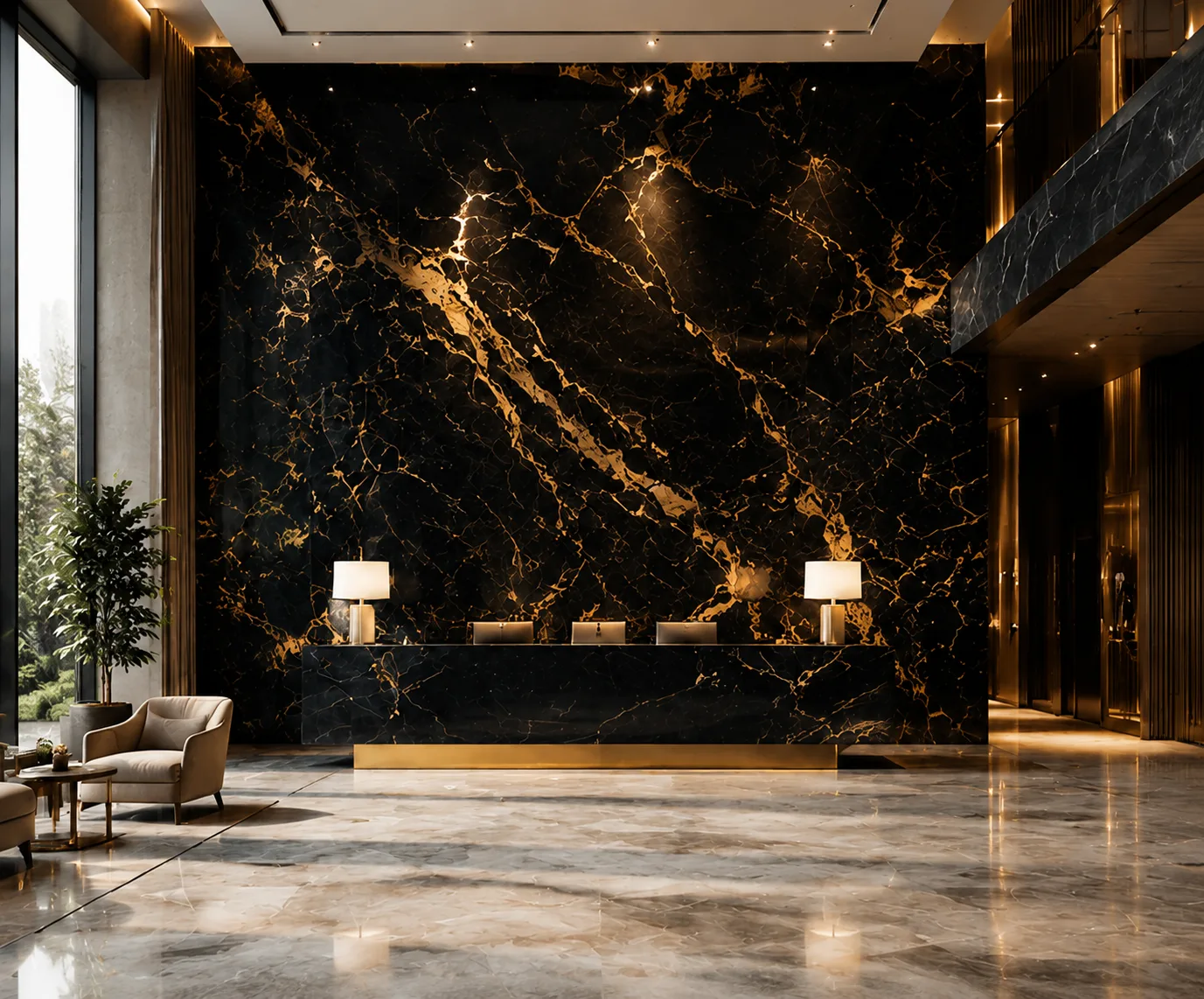 Luxury Black Gold Marble Wallpaper | Modern Hotel Lobby Gold Vein Texture Background Wall Mural