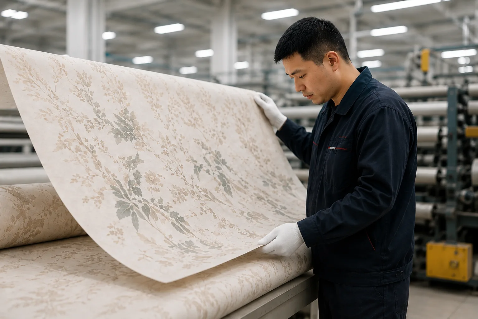 A glimpse of the precision printing workshop at the WALLDECORO factory, where digital printing equipment outputs custom patterns
