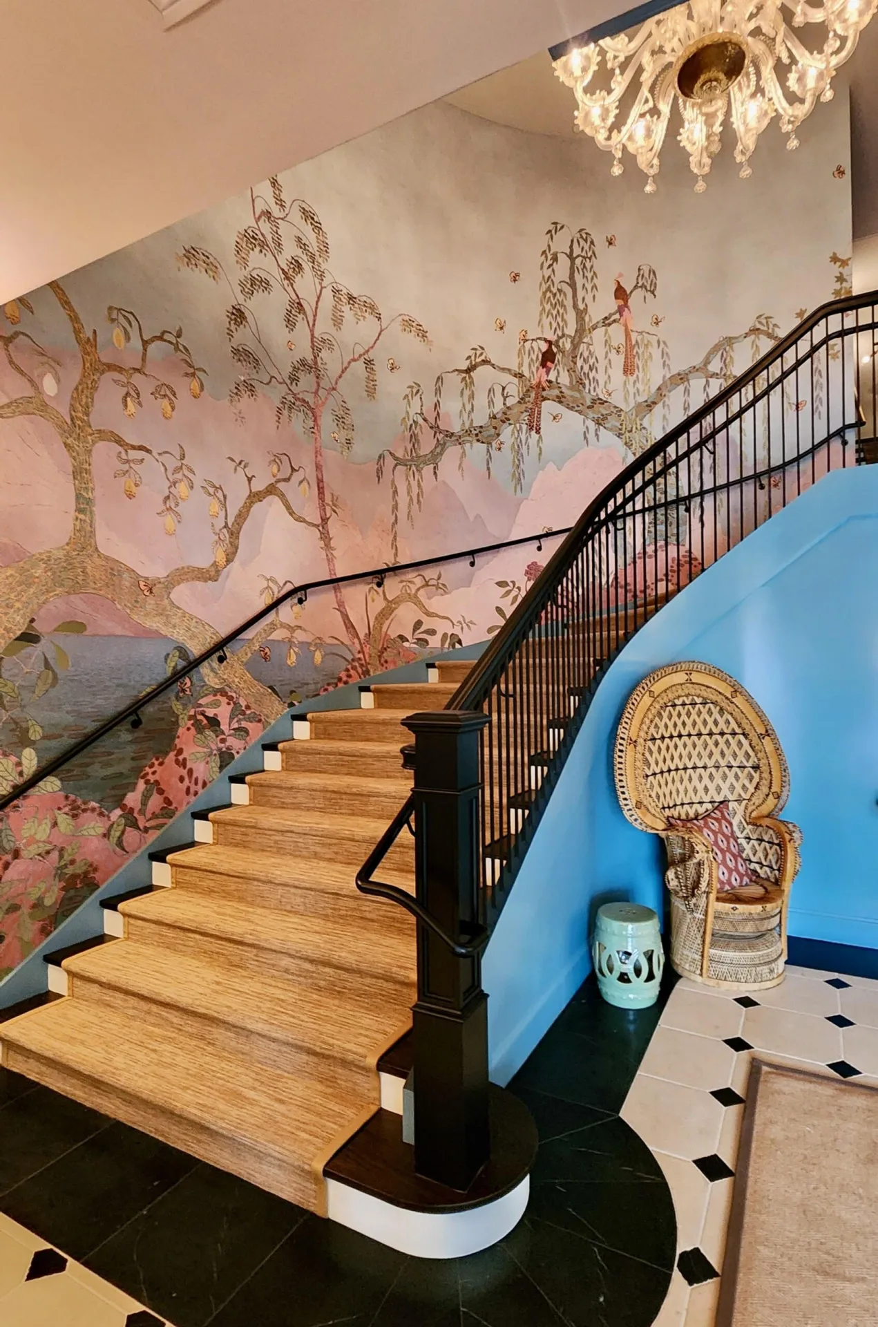 Oriental Serenity Hand-Painted Bird, Flower & Landscape Artistic Mural Wallpaper