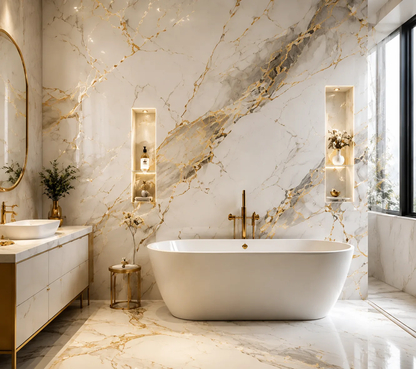 Calacatta Gold Marble Wallpaper | Luxurious White Gold Stone Texture Bathroom Wall Mural